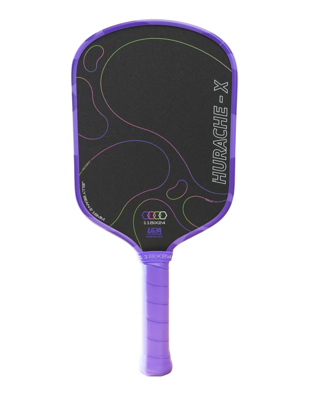 A purple and black pickleball paddle on a solid white background, featuring the Hurache-X model name printed vertically on the paddle face.