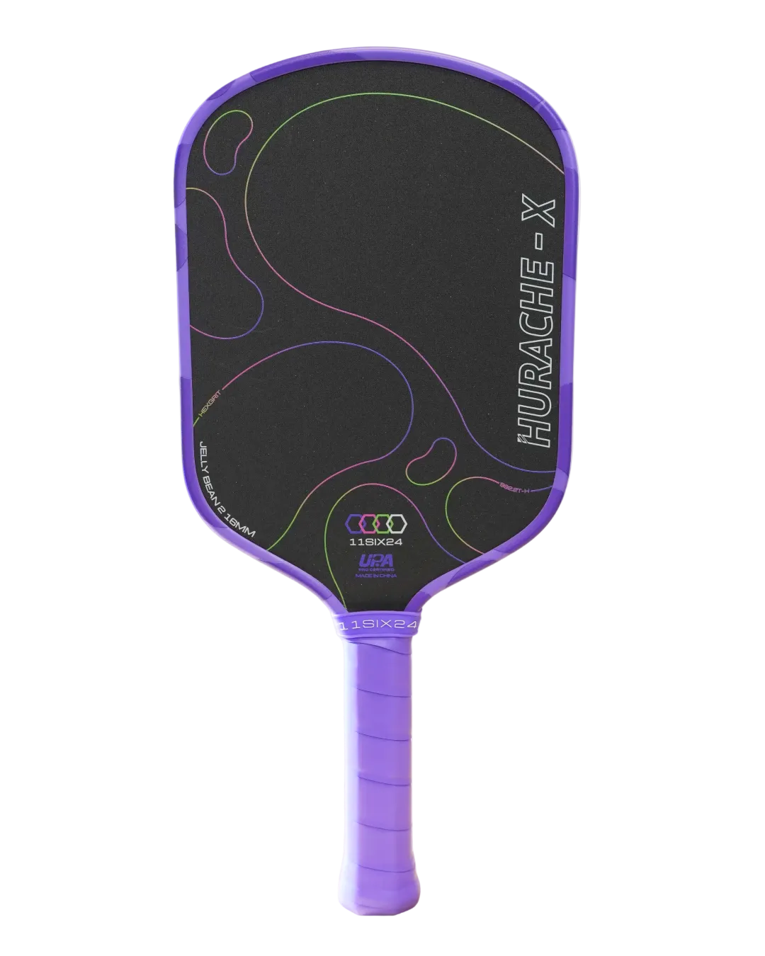 A purple and black pickleball paddle on a solid white background, featuring the Hurache-X model name printed vertically on the paddle face.