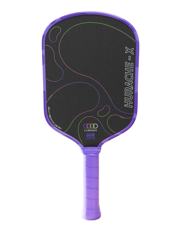 A purple and black pickleball paddle on a solid white background, featuring the Hurache-X model name printed vertically on the paddle face. Jelly Bean 2 paddle