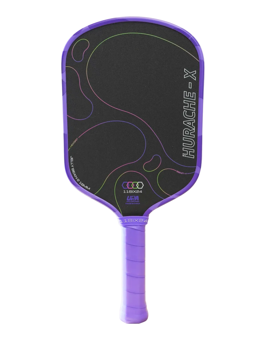 A purple and black pickleball paddle on a solid white background, featuring the Hurache-X model name printed vertically on the paddle face.