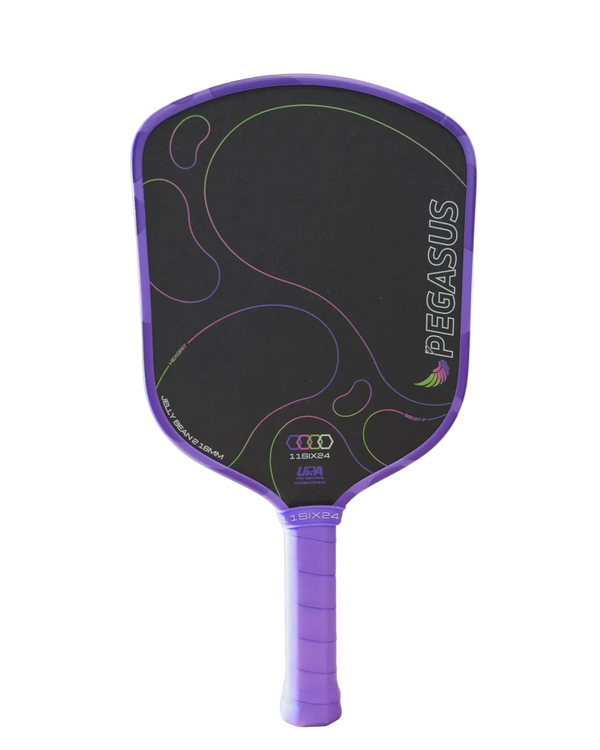 A purple and black pickleball paddle with a purple handle, featuring the Pegasus brand name printed vertically on the face. Jelly Bean 2 paddle