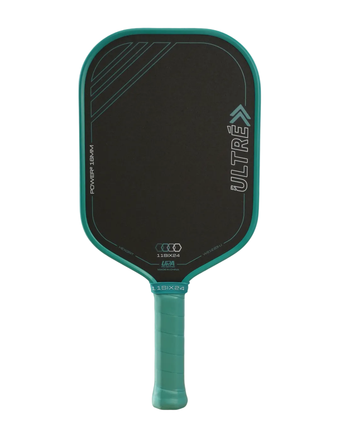 An 11SIX24 pickleball paddle with a black textured playing surface, a teal-green frame and handle grip, and white branding text including Ultre
