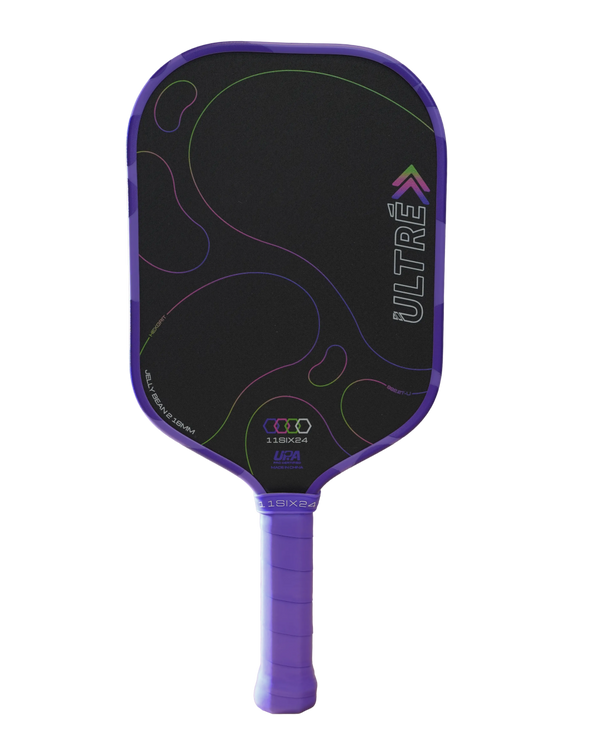 A purple and black pickleball paddle on a solid white background, featuring the ULTRE brand name and a textured purple handle. Jelly Bean 2 paddle