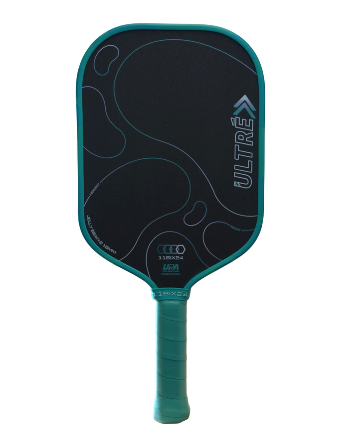 A pickleball paddle with a black textured face, teal-green border, and a matching teal-green grip handle, featuring the ULTRE brand name on the face. Jelly Bean 2 paddle