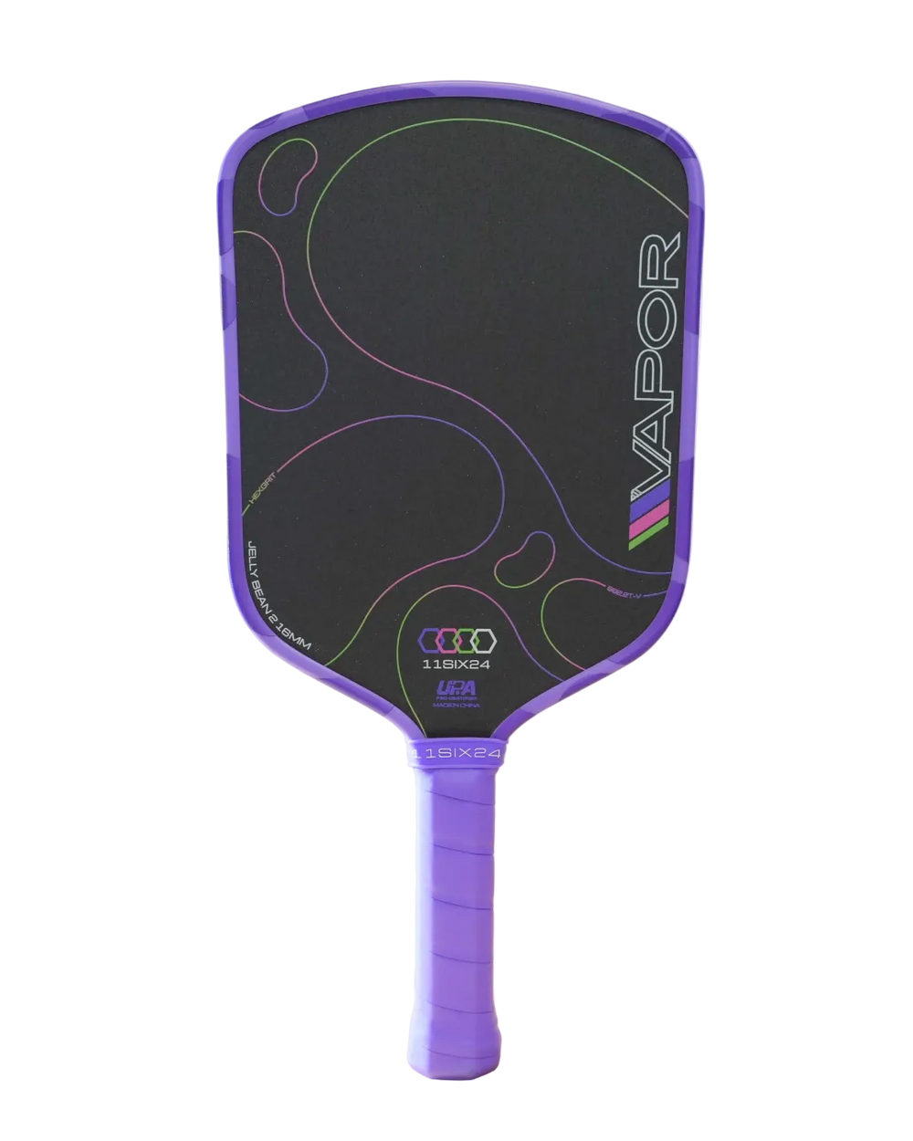 A purple and black Vapor pickleball paddle on a solid white background.