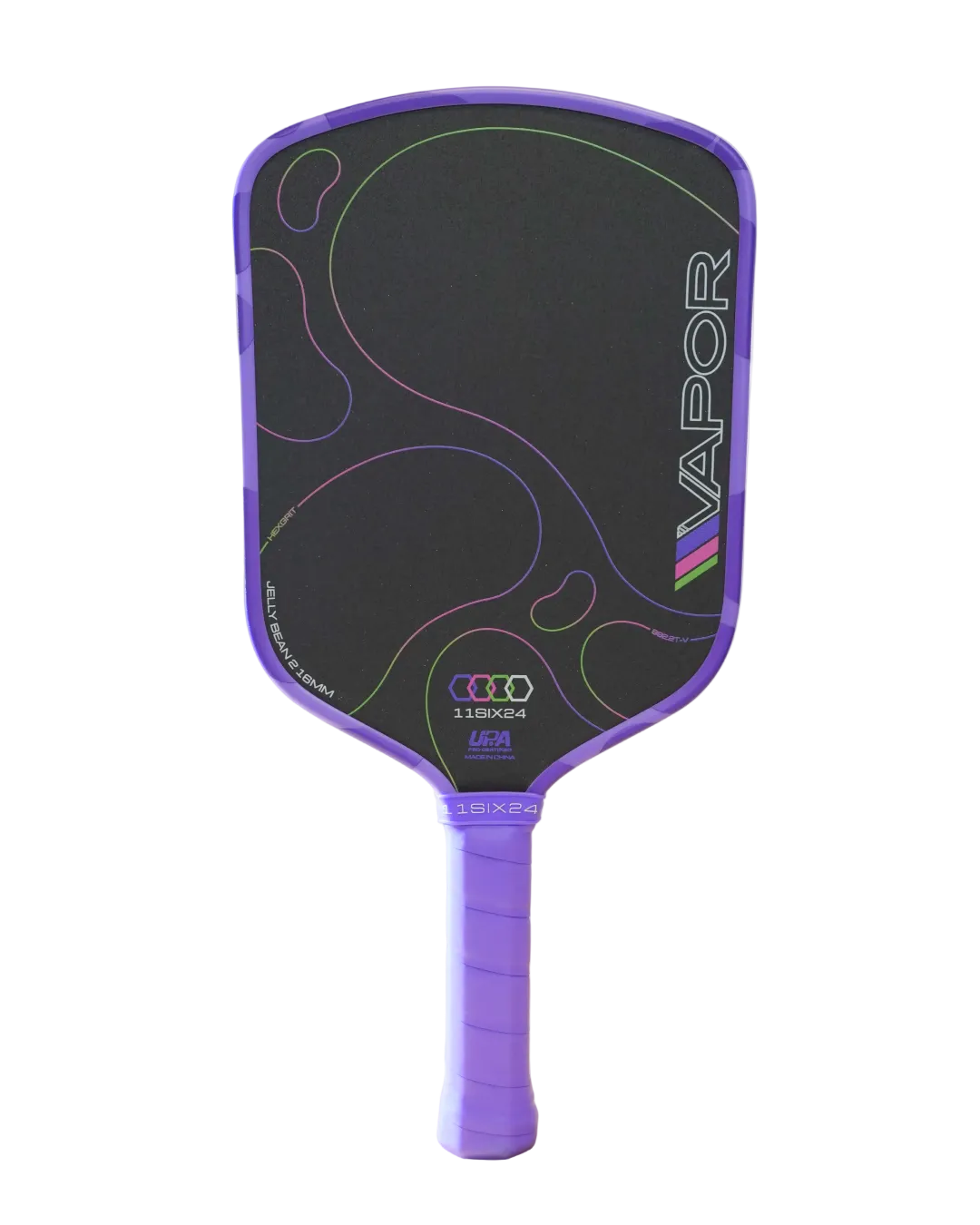 A purple and black Vapor pickleball paddle on a solid white background.